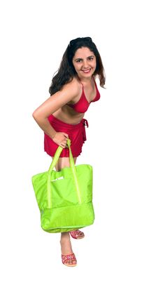 Pretty Brunette Girl In Swim Suit With Beach Bag Stock Photos Pretty Brunette Girl In Swim Suit With Beach Bag Stock Photos