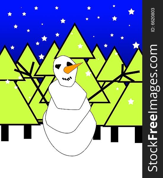 A smiling Christmas snowman in a snow landscape at night. A smiling Christmas snowman in a snow landscape at night.