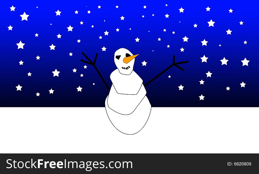 A smiling Christmas snowman in a snow landscape at night. A smiling Christmas snowman in a snow landscape at night.