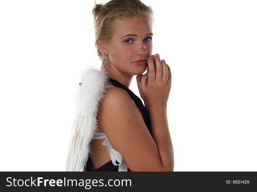 Girl like an angel isolated on white background