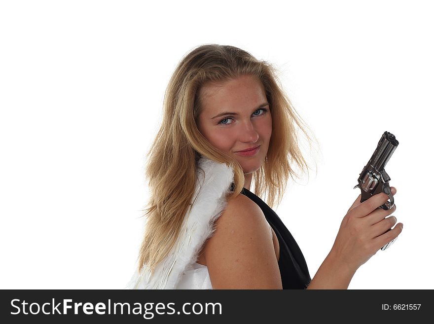 Girl like an angel with pistol isolated on white background