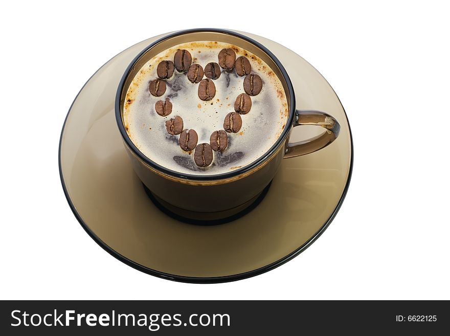 Brown coffee cup with heart on a white background