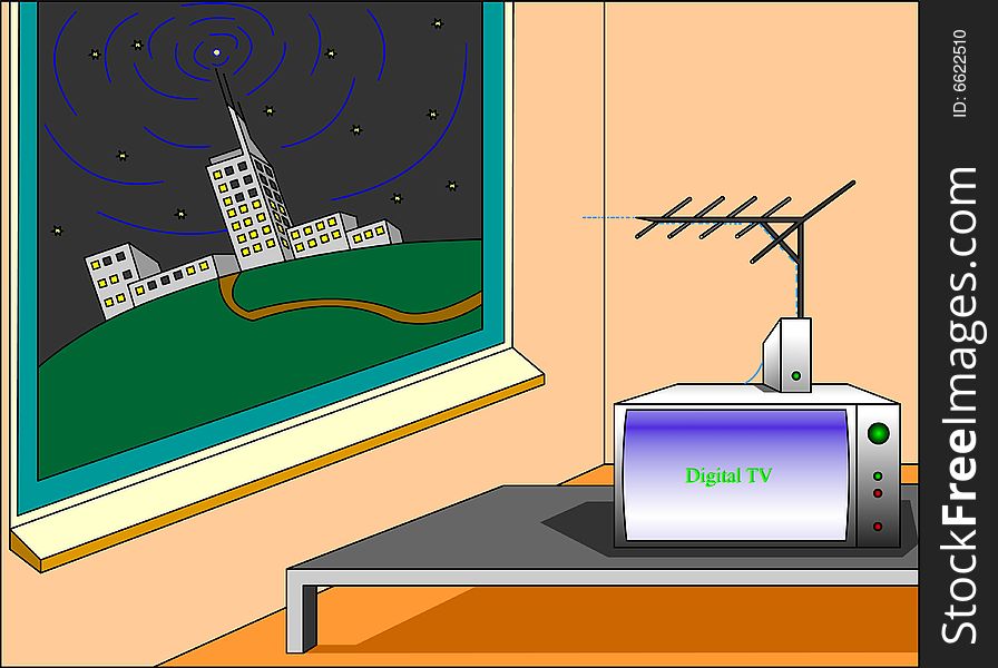 Digital Television transition illustration. Working TV on table receiving digital image and sound through new digital technology.