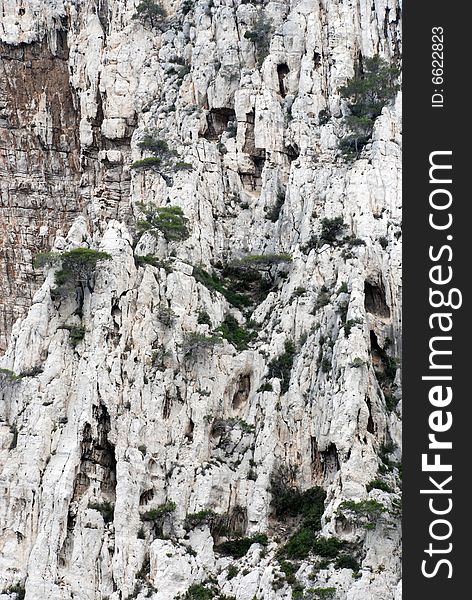 Massive rock formations called Calanques between Cassis and Marseille.