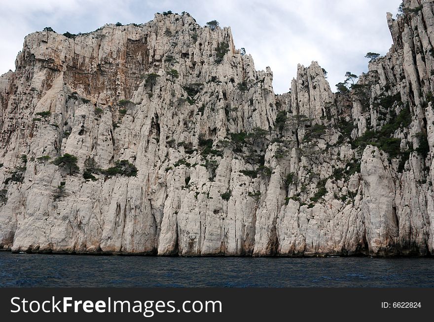 Massive rock formations called Calanques between Cassis and Marseille.