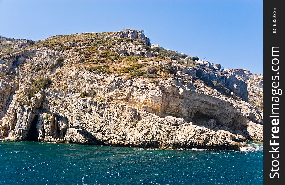 Rocky Mediterranean Beach. Samos Island, Greece.