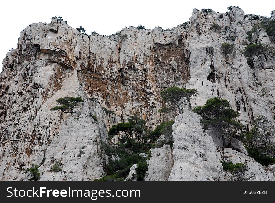 Massive rock formations called Calanques between Cassis and Marseille.