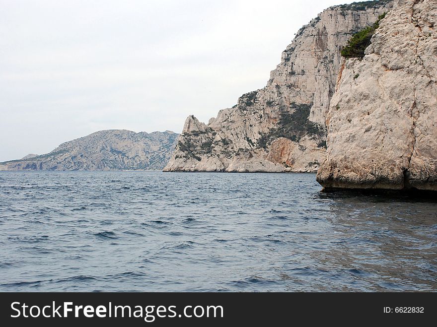 Massive rock formations called Calanques between Cassis and Marseille.