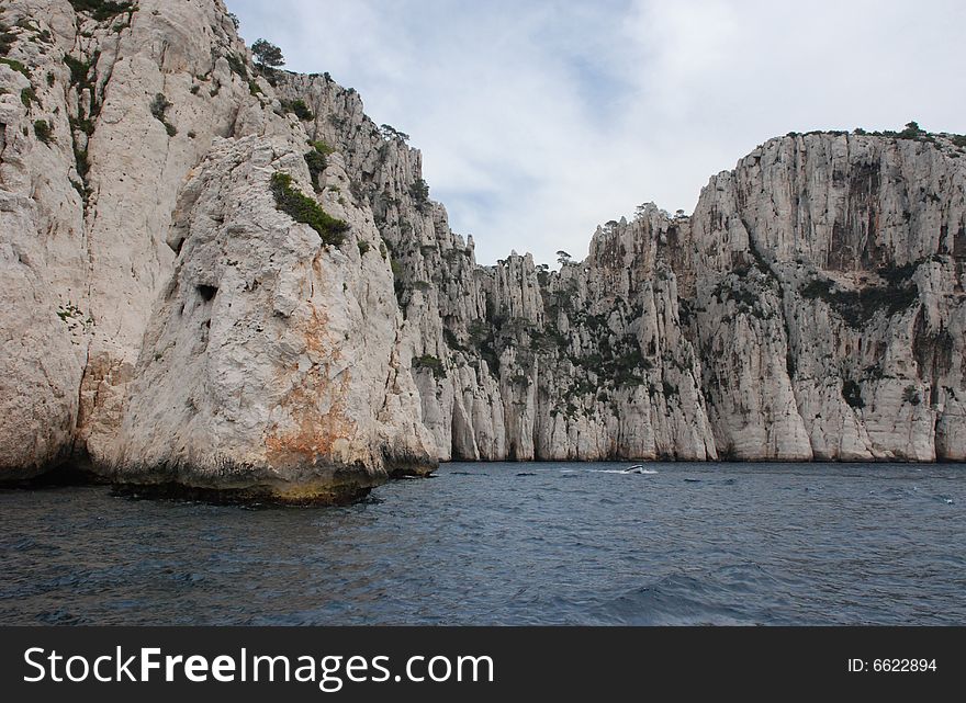 Massive rock formations called Calanques between Cassis and Marseille.