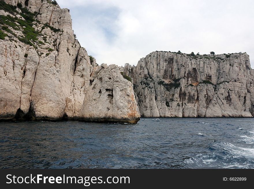 Massive rock formations called Calanques between Cassis and Marseille.