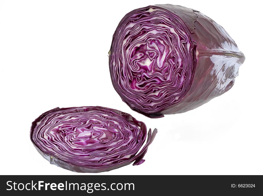 Sliced red cabbage on white background