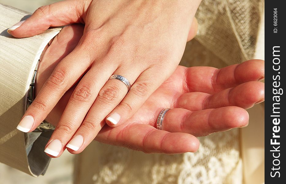 Two hands of married grooms with the wedding rings and the wedding dress. Two hands of married grooms with the wedding rings and the wedding dress