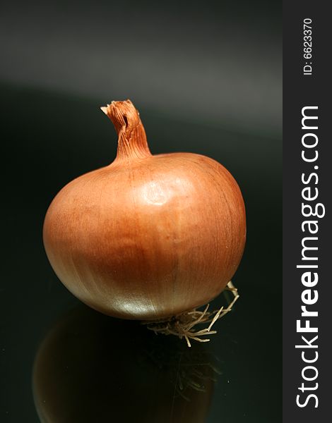 Golden onion isolated on dark background