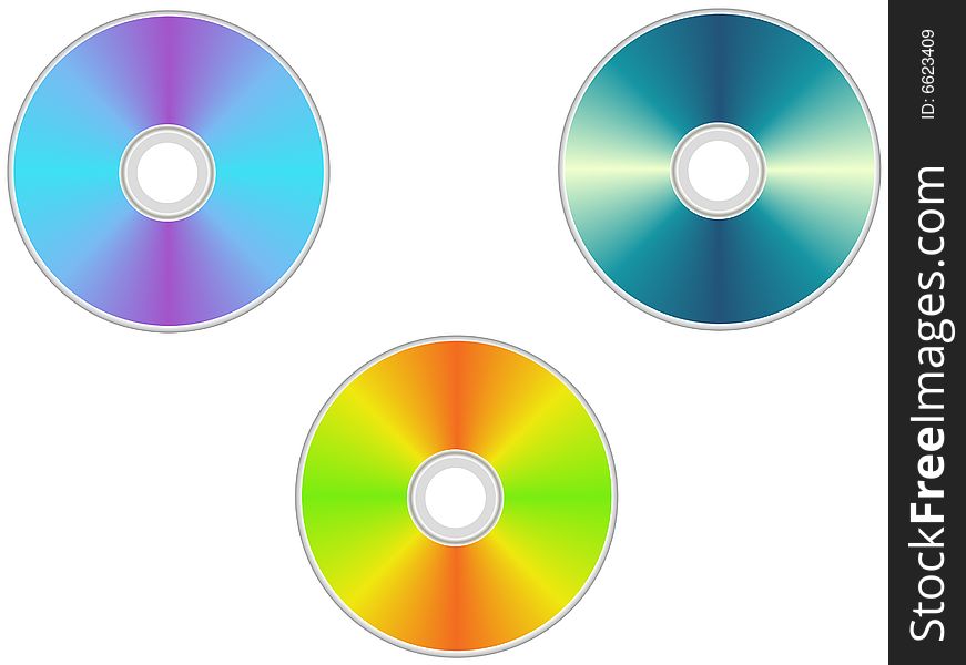 Three isolated Compact disks on white  background. Three isolated Compact disks on white  background