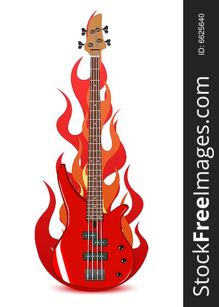 Vector illustration of red bass guitar in flames. Vector illustration of red bass guitar in flames