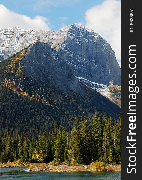 Moutains and trees on Upper Lake in Autumn