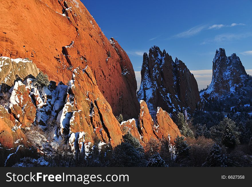 Central Garden of the Gods near Colorado Springs, Colorado at sunset and after a snow. Central Garden of the Gods near Colorado Springs, Colorado at sunset and after a snow
