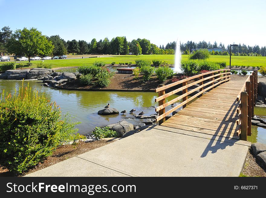 Bridge in the park crossing the pond