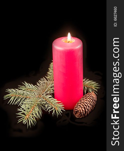 Red celebratory burning candle with furtree green branch on a black background
