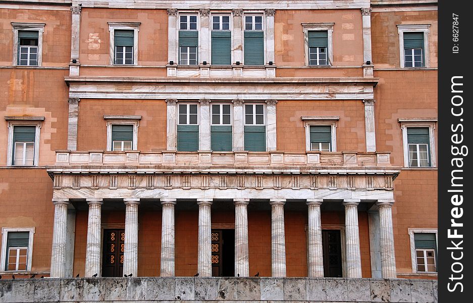 Entrance of Greek parliament building in Athens  late in  evening