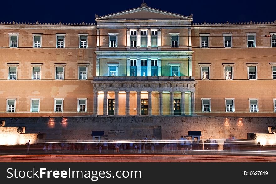 Greek parliament building during night. Greek parliament building during night
