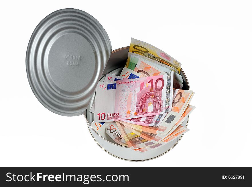 Paper money in open metal can, image with clipping path. Paper money in open metal can, image with clipping path