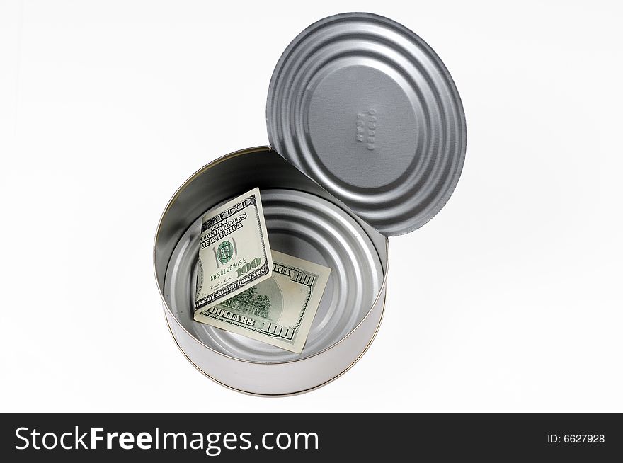 Paper money in open metal can, image with clipping path. Paper money in open metal can, image with clipping path