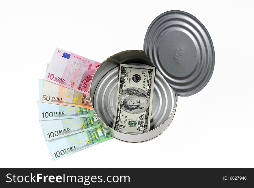 Paper money in open metal can, image with clipping path. Paper money in open metal can, image with clipping path