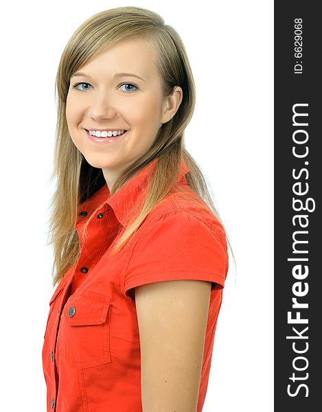 Pretty smiling young girl in red shirt, isolated on white