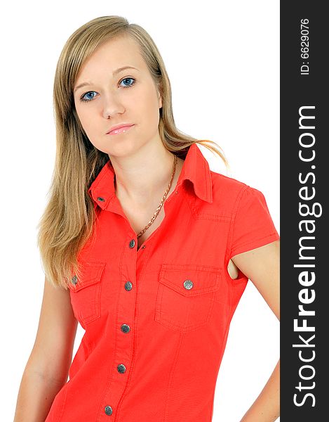 Portrait of pretty young girl in red shirt, isolated on white