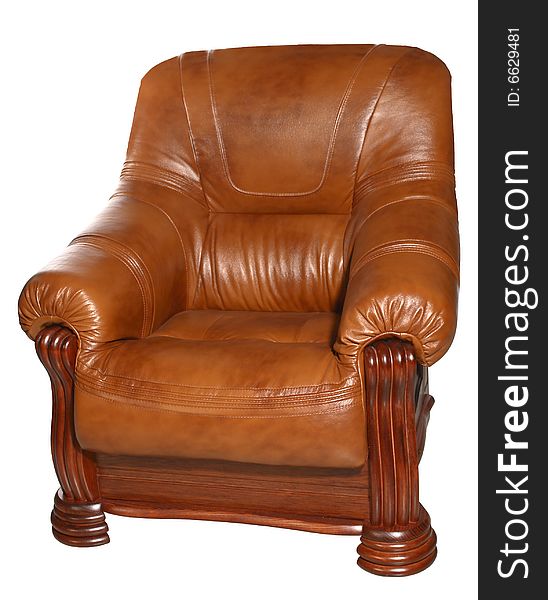 Armchair from a brown genuine leather on a white background