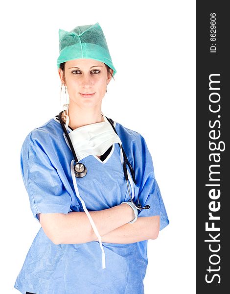 Attractive female nurse in scrubs with stethoscope against white background, isolated