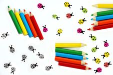 Multicolored Crayons And Ladybirds Composition Stock Images
