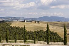Tuscan Landscape, Isolated Farm With Cypress Stock Photos
