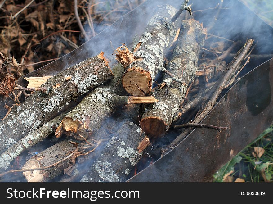 The brazier with firewood for preparation shashlik