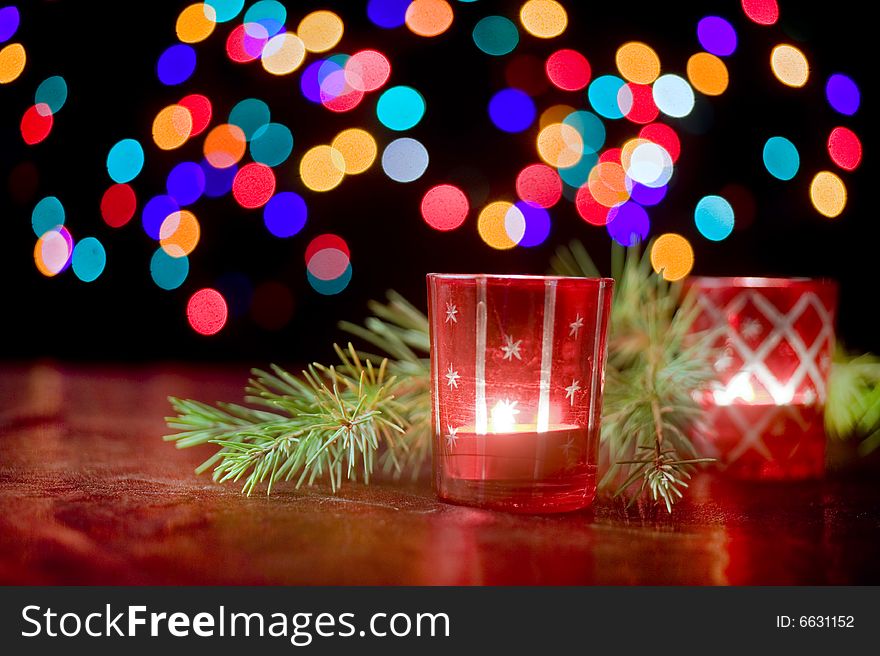 Christmas candles lights pine branch. Christmas candles lights pine branch