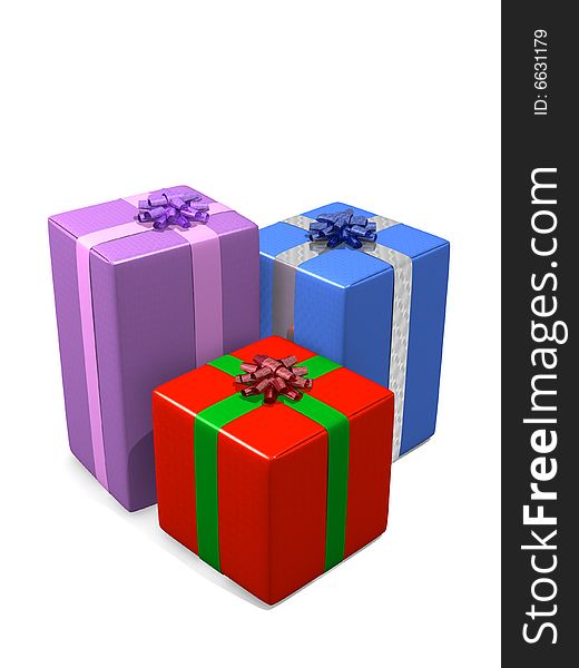 3 colourful gift boxes isolated against white. 3 colourful gift boxes isolated against white.