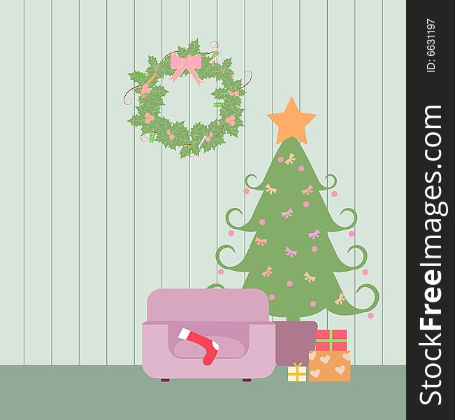 Beautiful christmas tree and gift box - vector illustration