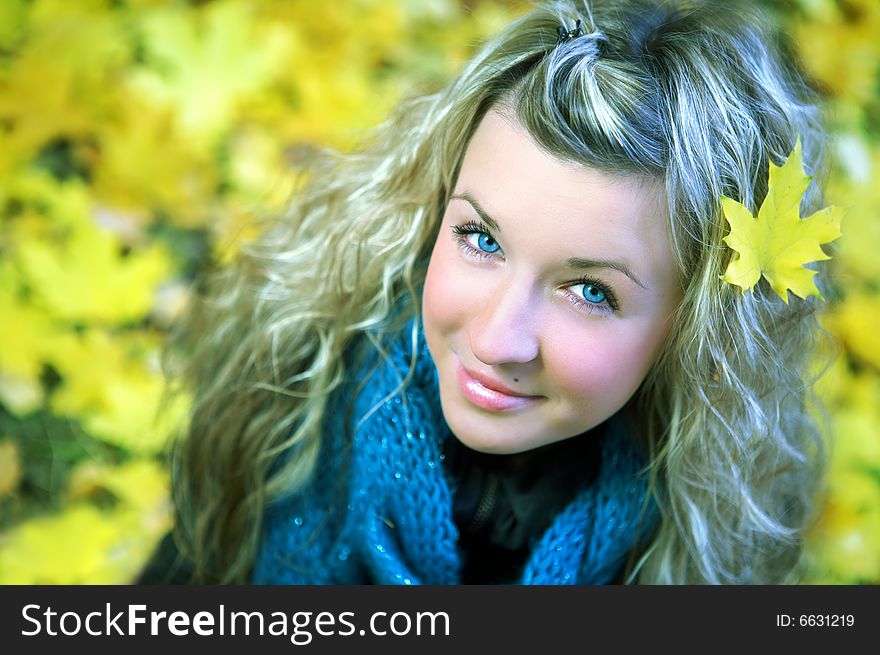 Young woman in autumn yellow forest. Young woman in autumn yellow forest