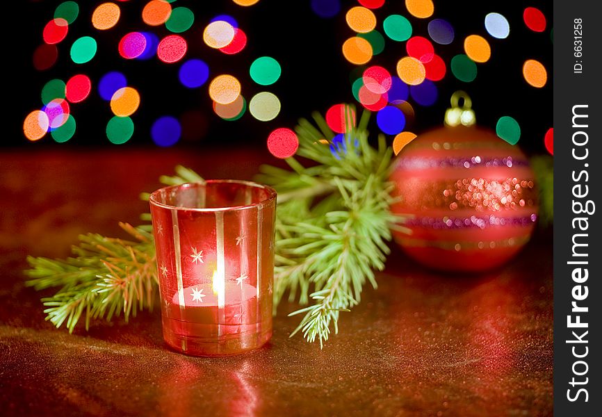 Christmas candles lights ornament ball pine branch. Christmas candles lights ornament ball pine branch