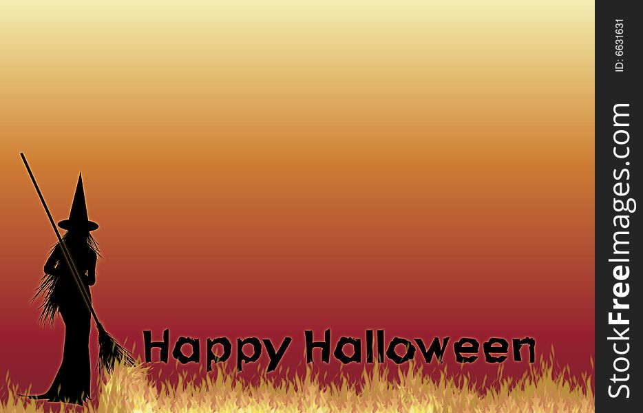 Silhouette of witch with Happy Halloween on fire background. Silhouette of witch with Happy Halloween on fire background