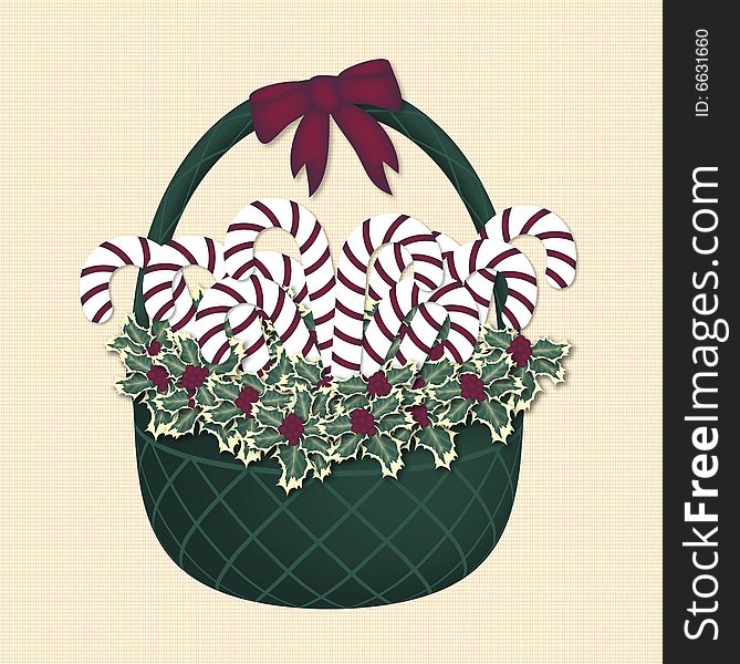 Illustration of candy cane gift basket on ivory pattern. Illustration of candy cane gift basket on ivory pattern