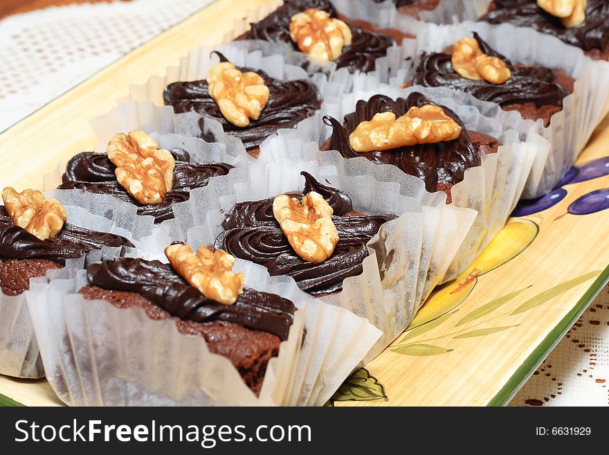 Closeup of brownie fudge with pecan nuts