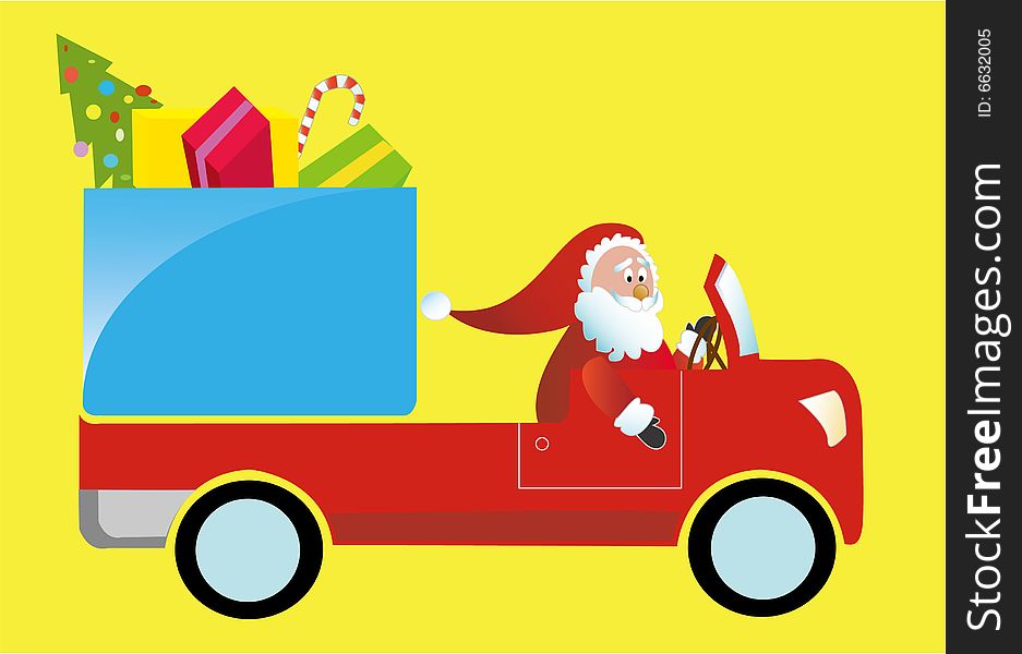 Santa Claus driving a gift truck in yellow background. Santa Claus driving a gift truck in yellow background