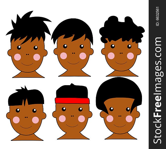 Series of 6 Cute African Kids Vector Illustration With Different Hairstyles