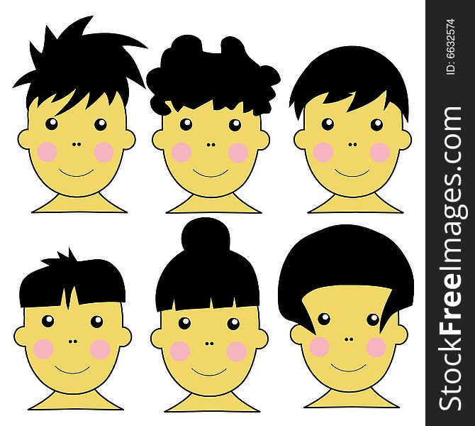 6 Cute Asian Kids Vector Illustration