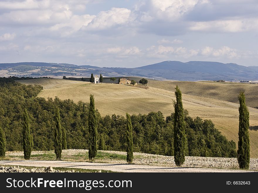 Tuscan Landscape, Isolated Farm With Cypress