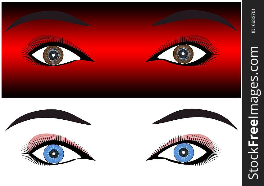 Magic pair of eyes watching the viewer,  illustration on the red and white background