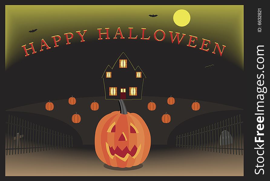 Vector illustration of a halloween scene with pumpkin patch and house. Vector illustration of a halloween scene with pumpkin patch and house