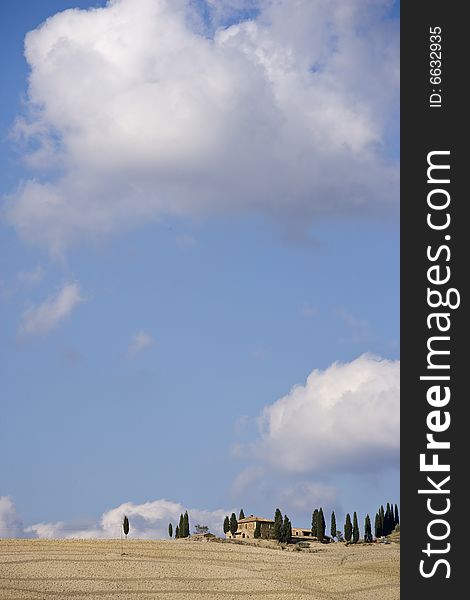 Tuscan Landscape, Isolated Farm With Cypress